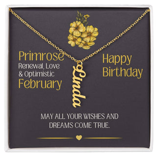 February Birthday Gift | Primrose Birth Month Flower | Personalized Vertical Name Necklace