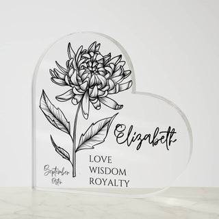 Personalized Birth Month Flower Heart Shaped Gift with Name and Meaning