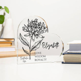 Personalized Birth Month Flower Heart Shaped Gift with Name and Meaning