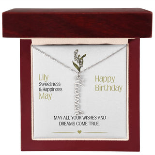 May Birth Month Flower | Happy Birthday - Personalized Vertical Name Necklace